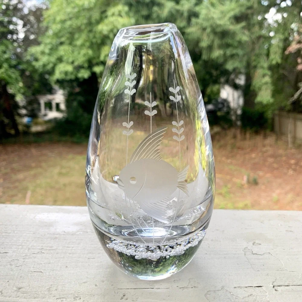 Vintage Kosta Boda Etched Crystal Bud Vase Fish w Plants Controlled Bubble